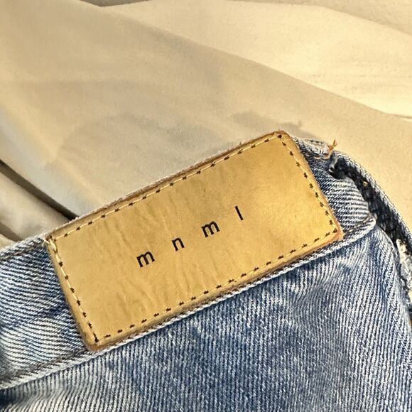 MNML 118 Work Flare Denim Mens Size 32x34 Distressed Patch Jeans 100% Cotton - Picture 11 of 15